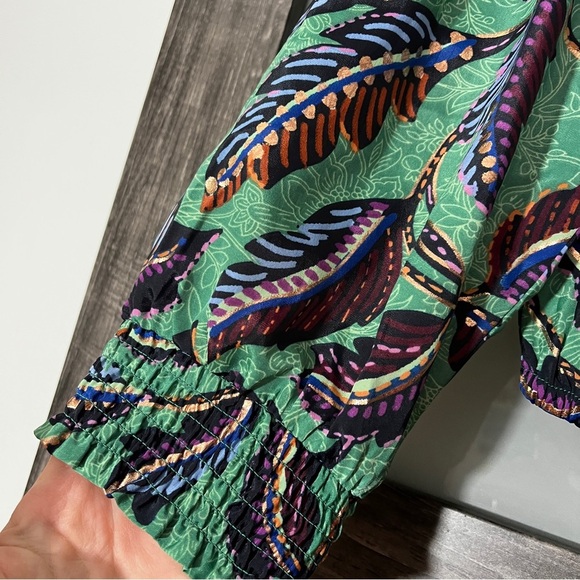 Democracy Leaf Print V-Neck Blouse Metallic Cottagecore Cropped Women's PM - Picture 4 of 12